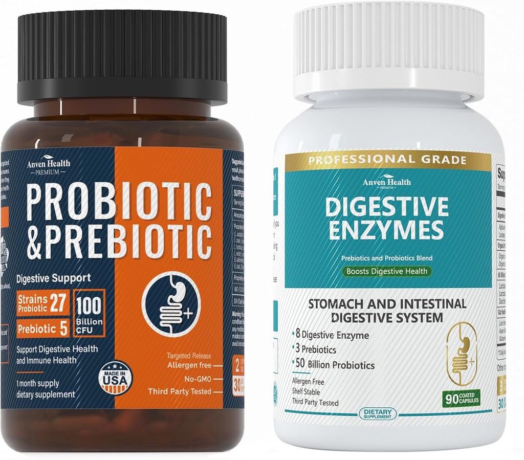 Συνολική ενίσχυση της υγείας των ορνίθων Bundle: Digestive Enzymes + 100 δισεκατομμύρια προβιοτικά για άνδρες και γυναίκες – Bloating, Digestive Relief & Immune Support