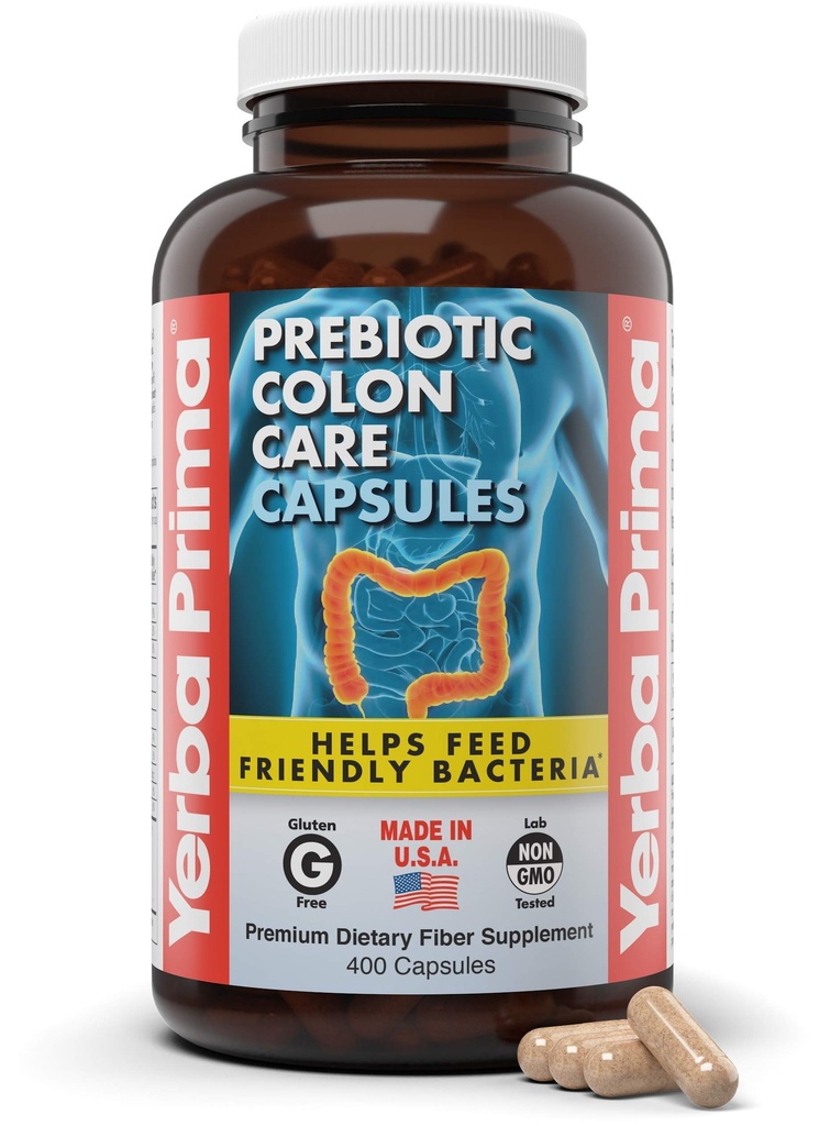 Yerba Prima Prebiotic Colon Care Caps, 400 Caps - Five Forms of Fiber Plus FOS Pre-biotics - Συμπλήρωμα Διατροφής - Υγιεινή Διαλυτή & Αδιάλυτη Ίνες για την Κανονικότητα & Πειθαρχία Υποστήριξη
