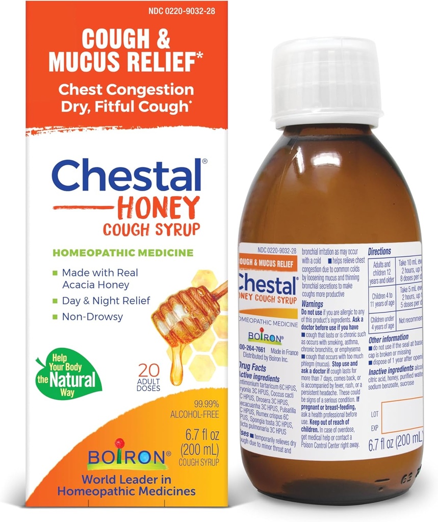 Boiron Chestal Honey Ενηλίκων Ψυχρό και Σιρόπι Βήχας για Ρινική και Θωρακική Συμφόρηση, Runny μύτη, και Sore Lroat Relief - 6.7 FL oz