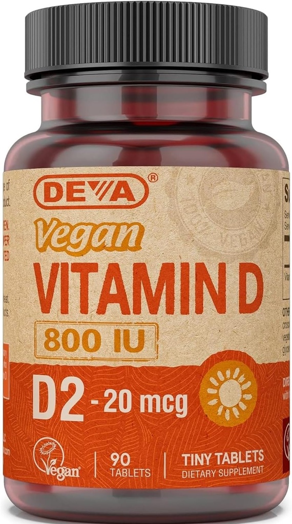 Deva Vegan Βιταμίνη D2 800 IU, συμπλήρωμα εργοκαλσιφερόλης χωρίς ζωικά συστατικά, γρήγορη διάλυση, 90 δισκία, 1- συσκευασία