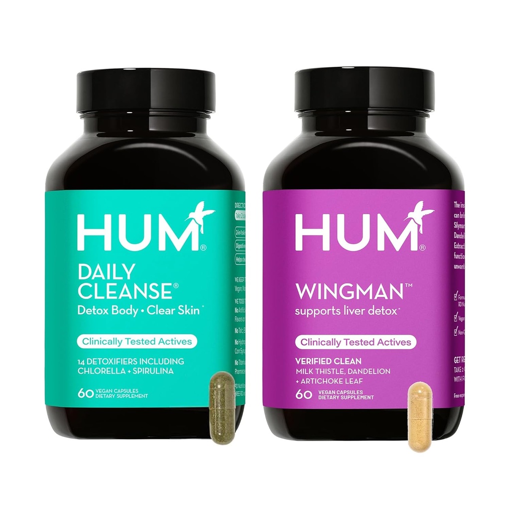 HUM Full Skin and Liver Health Supplement from Nutrition, Wingman and Daily Cleanse A Green Detox & Milk Thittle for Skin Care Support and Liver Health, 2 Pack Bundle, 60 Vegan Capsles