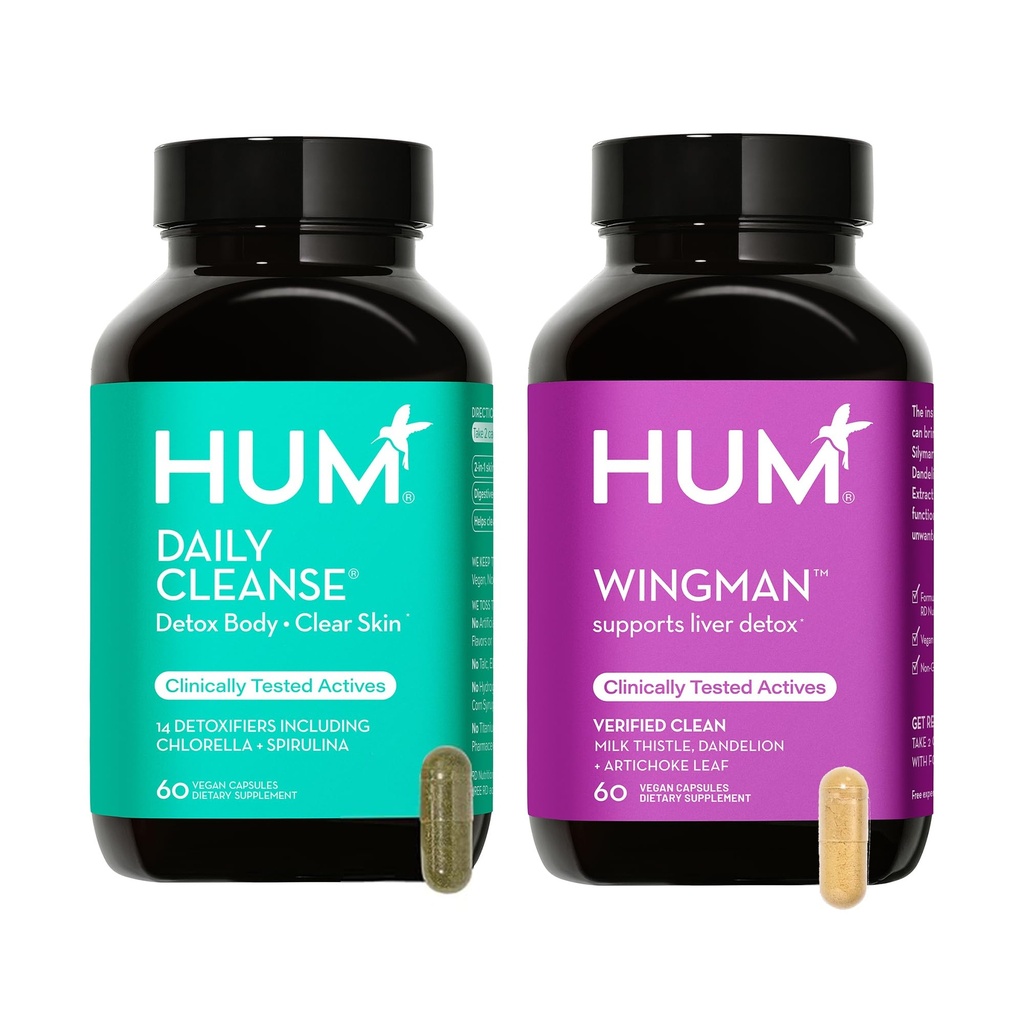 HUM Full Skin and Liver Health Supplement from Nutrition, Wingman and Daily Cleanse A Green Detox & Milk Thittle for Skin Care Support and Liver Health, 2 Pack Bundle, 60 Vegan Capsles