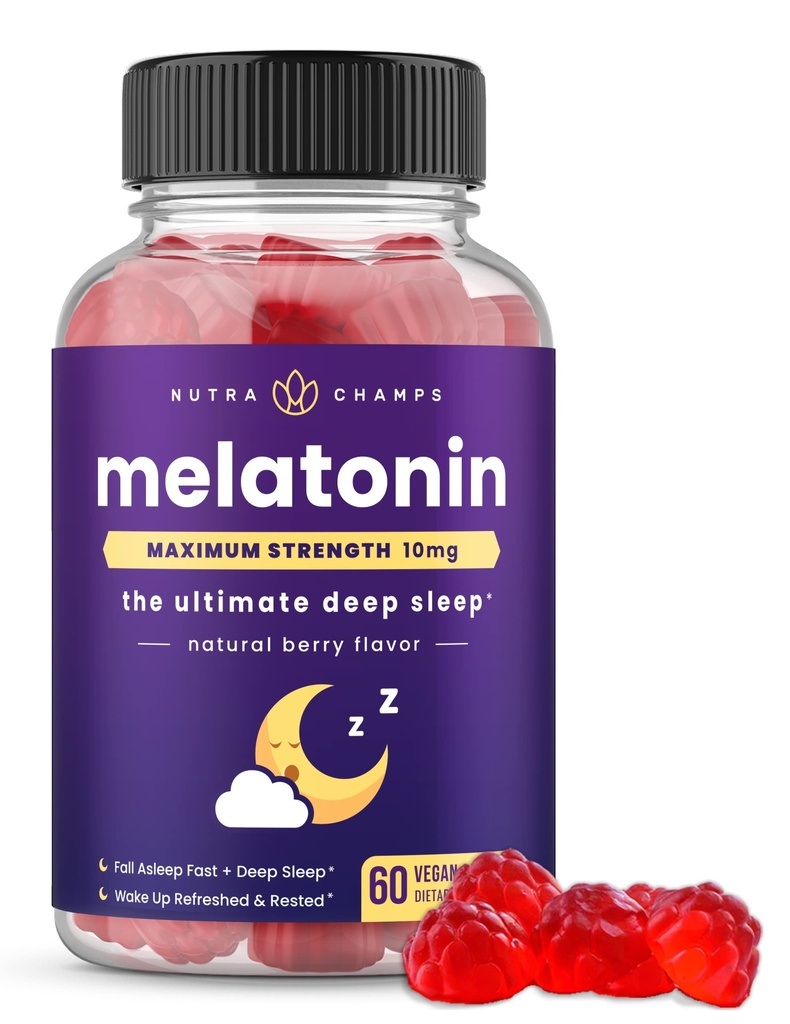 NutraChamps Μελατονίνη Gummies για ενήλικες, επιπλέον ενίσχυση Βοηθητικά ύπνου Βιταμίνες, 5mg ή 10mg Δόση, Vegan Φυσικό άρωμα φράουλας συμπλήρωμα για καλύτερο ύπνο, υγιείς κύκλους ύπνου, 60 Gummies