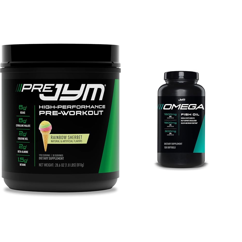JYM Supplement Science Pre Jym Rainbow Sherbet 30 Σερβίρισμα & Omega JYM ιχθυέλαιο 2800mg 120 Softgels