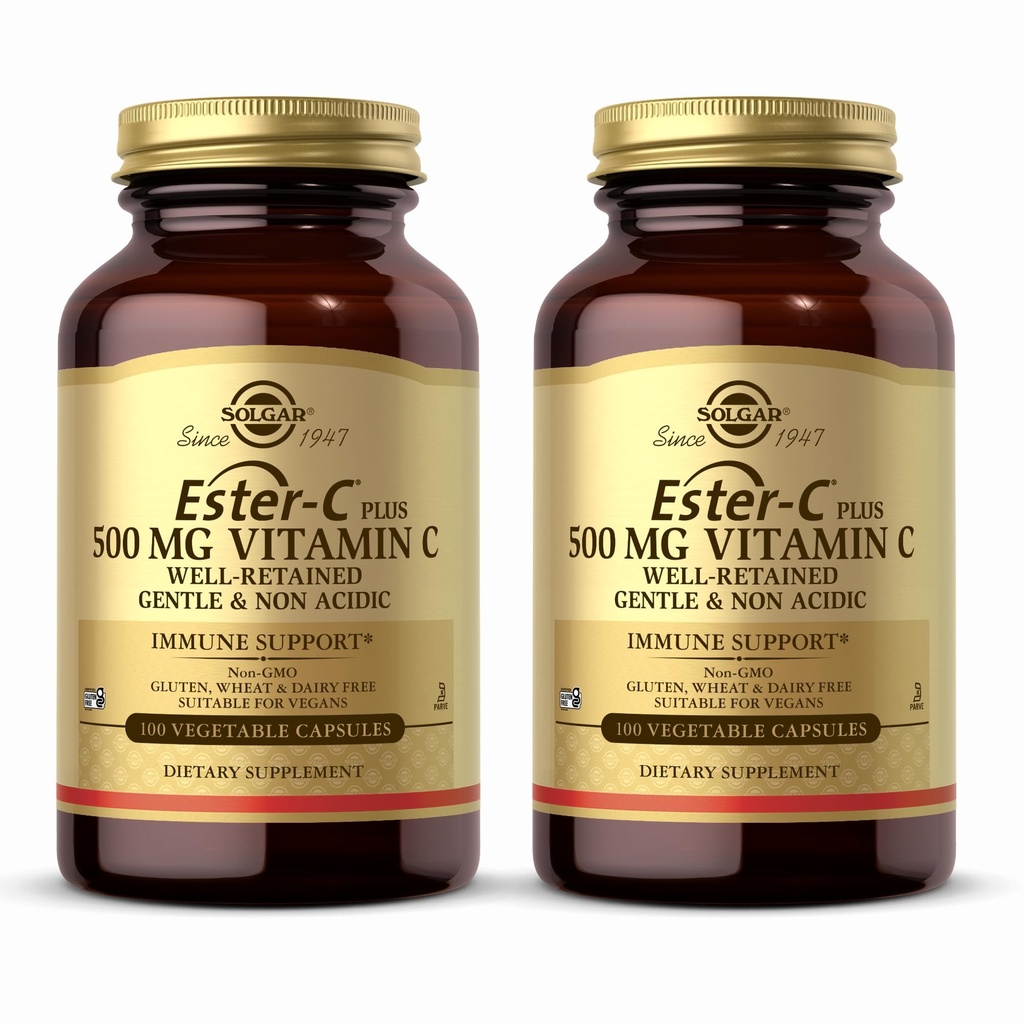 Solgar Ester-C Plus 500 mg Βιταμίνη C (Ascorbate Complex) - 100 κάψουλες λαχανικών, συσκευασία 2 - Αντιοξειδωτικό & Ανοσολογική Υποστήριξη - Μη ΓΤΟ, Vegan, Χωρίς γλουτένη, Kosher - 200 Σύνολο Σερβίρει