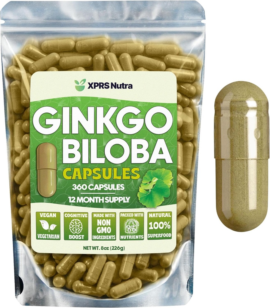 XPRS Nutra Ginkgo Biloba Κάψουλες - Gingko Biloba Encapsulated Συμπληρώματα για τη Γνωστοποίηση - Vegan Friendly Ginkoba Biloba - Ασυλία Ενίσχυση Κάψουλες Ginkgo Biloba - 360 Κόμη