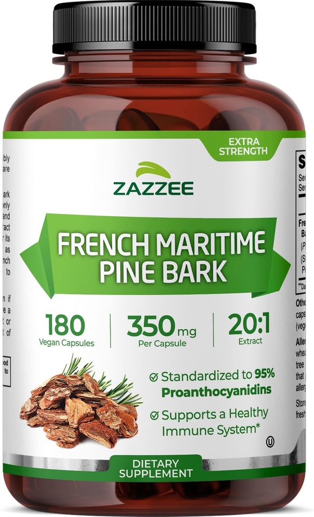 Zazzee Extra Strength French Maritime Pine Bark 20:1 Extract, 350 mg ανά καψάκιο, 180 κάψουλες Vegan, 95% Proanthocyanidins, Kosher, 6 μήνες προσφοράς, Standardized 20X Extract, Non-GMO, Made in The USA