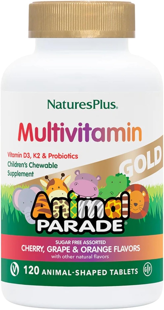 NaturesPlus Ζωική Παρέλαση Χρυσό Παιδική Πολυβιταμίνη - Ποικιλόμορφο Κεράσι, Πορτοκαλί & Γεύσεις Σταφυλιού - 120 Ζωικά Μασώμενα Δισκία, Συσκευασία των 4 - Vegan, Χωρίς Γλουτένη - 240 Σύνολο Σερβιέτες