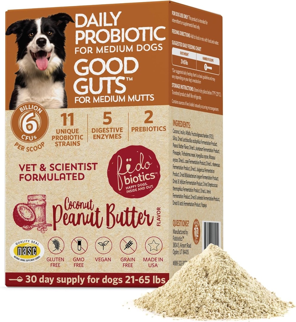 Fidobiotics Good Guts for Medium Mutts Probiotic for Dogs, 6 Billion CFUs, 11 Strains, 5 Digestive Enzymes, 2 Prebiotics, Digestive Gut Health for Dogs, Adult & Puppy Probiotics Συμπληρώματα (30 Ημέρες)