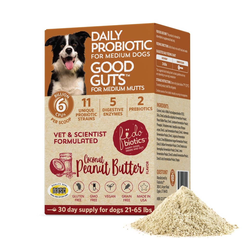 Fidobiotics Good Guts for Medium Mutts Probiotic for Dogs, 6 Billion CFUs, 11 Strains, 5 Digestive Enzymes, 2 Prebiotics, Digestive Gut Health for Dogs, Adult & Puppy Probiotics Συμπληρώματα (30 Ημέρες)