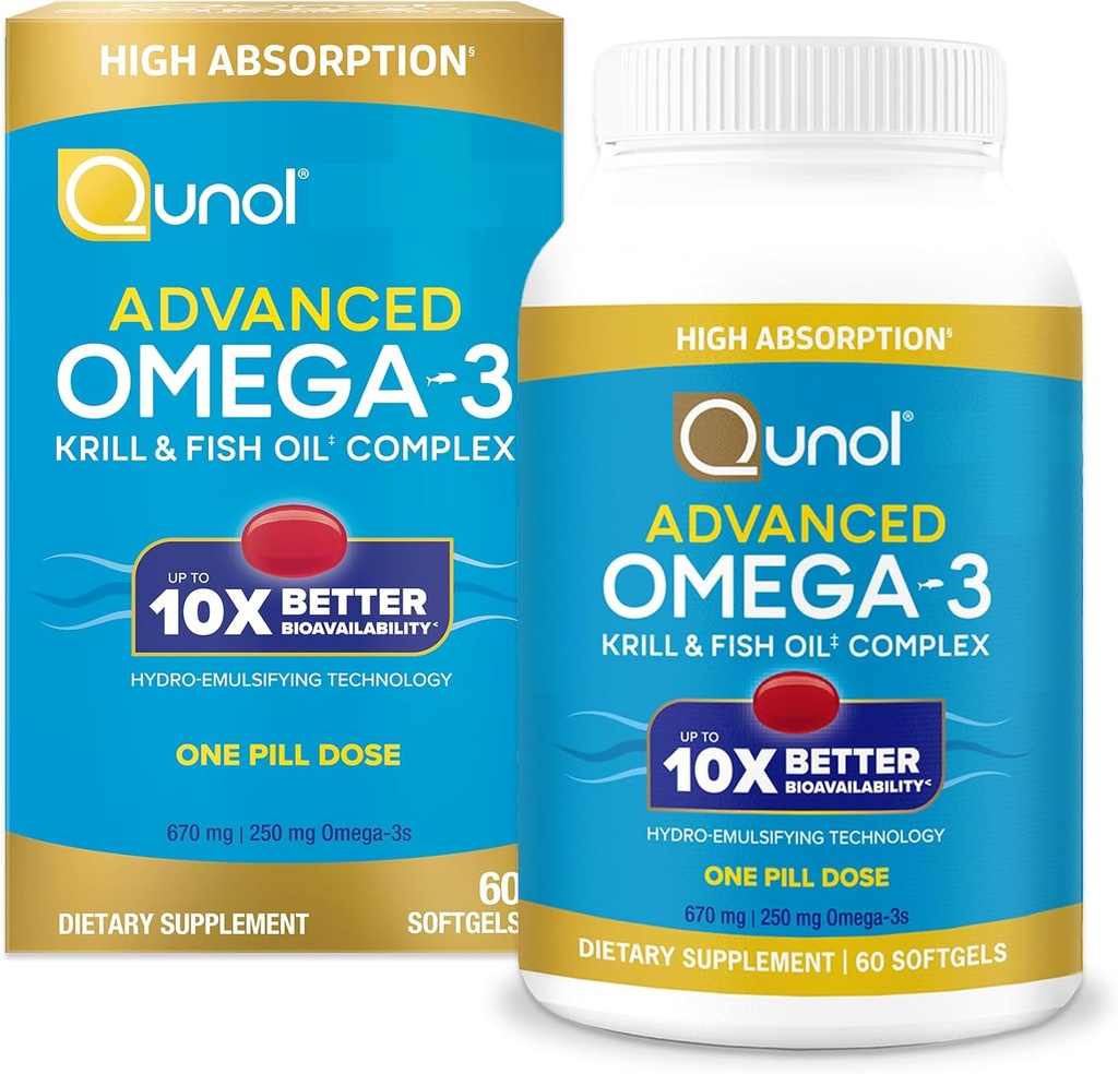 Qunol Advanced Omega 3 Krill and Fish Oil Complex, 10x Καλύτερη βιοδιαθεσιμότητα, Μια δόση Χάπια, 250mg EPA & DHA, Υποστηρίζει τον εγκέφαλο, τα μάτια, την καρδιά και κοινή υγεία, 90 Count (πακέτο του 1)