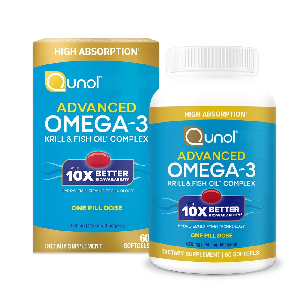 Qunol Advanced Omega 3 Krill and Fish Oil Complex, 10x Better Bioavailability, One Pill Dose, 250mg EPA & DHA, Supports Brain, Eye, Heart and Joint Health, 60 Count (Pack of 1)