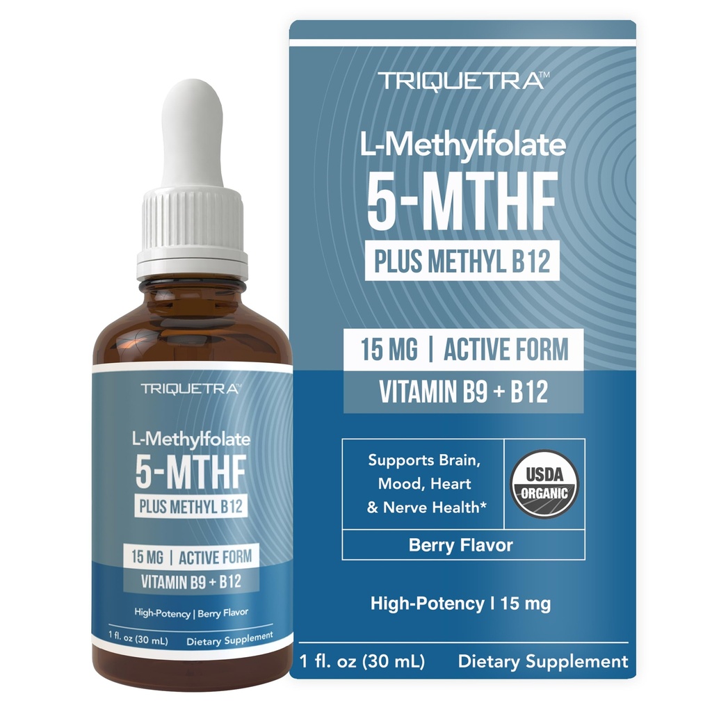 L Methyl Folate 15mg Plus Methyl B12 Cofactor – Organic Berry Flavor, High Potency Liquid Sublingual Active 5-MTHF Form - Supports Mood, Methylation, Cognition – Bioactive Forms Vitamin B9 & B12 (1oz)