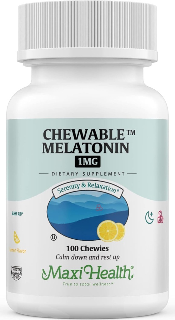 Maxi Health Chewable Melatonin, Kosher Lemon Flavor, Μελατονίνη για Ενήλικες & Παιδιά, Φυσική Βοήθεια για Ενήλικες & Παιδιά, Μελατονίνη Chewables Εναλλακτική της Μελατονίνης Gummies Παιδική Δόση, (100 Count)