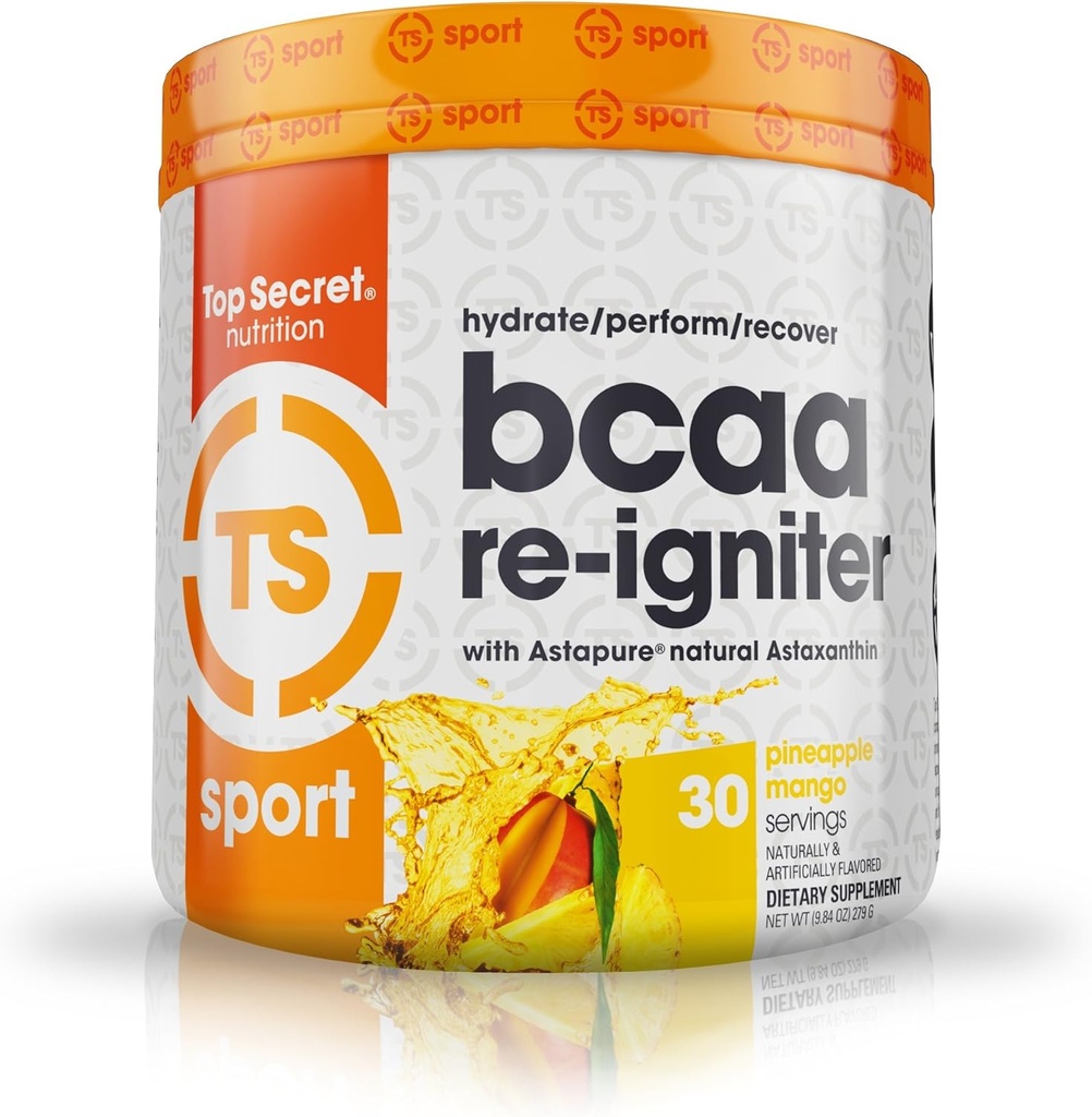 Top Secret Nutrition BCAA Re-Igniter Vegan Amino Acid Supplement with Astaxanthin and Electrolyte, Hydration Blend with Coconut water, 9.84 oz (30 servings), Pineapple Mango
