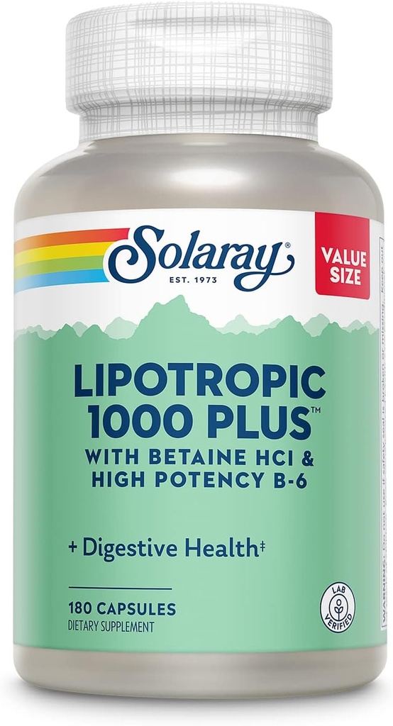 SOLARAY Lipotropic 1000 Plus with Betaine HCl & High Potency B-6, Healthy Digestion, Energy, and Fat Metabolism Support, Lipotropic Complex Plus Aloe Vera, 60 Day Guarantee, 30 Servings, 180 Capsules