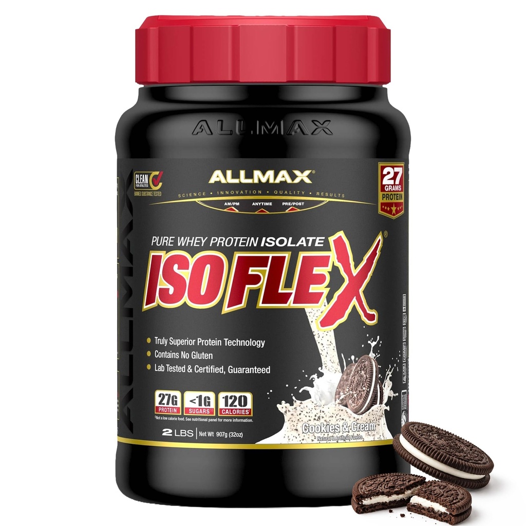 ISOFLEX διατροφής ALLMAX Whey Protein Isolate, Cookies & Cream - 2 lb - 27 γραμμάρια πρωτεΐνης ανά Scoop - Zero Fat & Sugar - 99% Χωρίς λακτόζη - Χωρίς γλουτένη & Χωρίς σόγια - Κατά προσέγγιση 30 υπηρεσίες