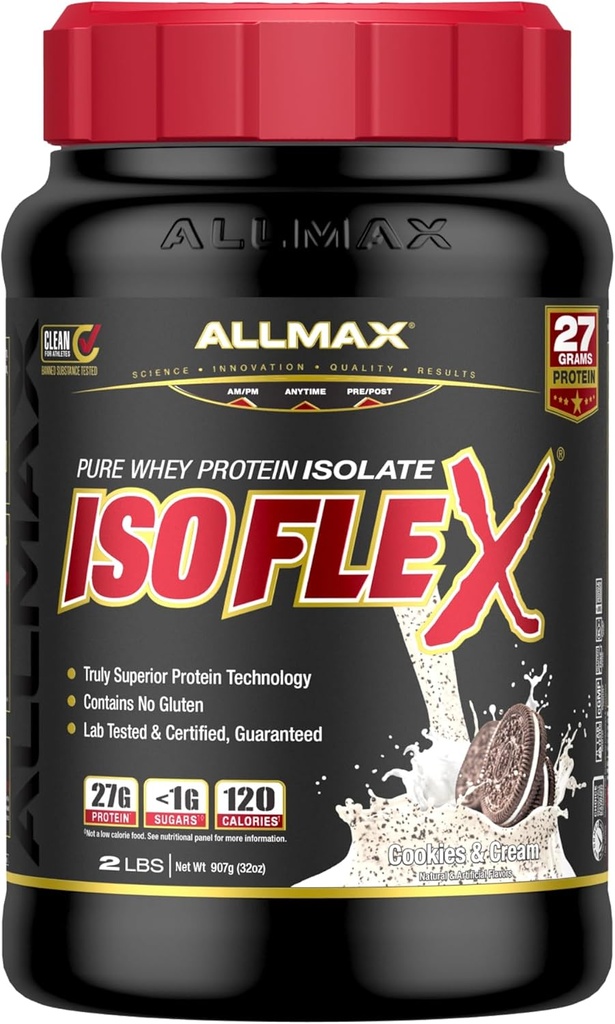 ISOFLEX διατροφής ALLMAX Whey Protein Isolate, Cookies & Cream - 2 lb - 27 γραμμάρια πρωτεΐνης ανά Scoop - Zero Fat & Sugar - 99% Χωρίς λακτόζη - Χωρίς γλουτένη & Χωρίς σόγια - Κατά προσέγγιση 30 υπηρεσίες