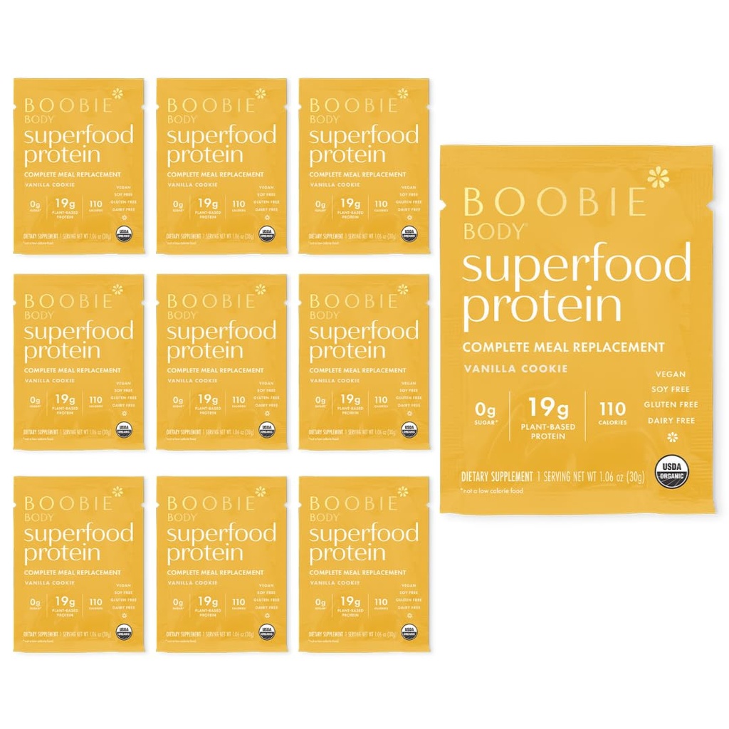 Boobie Σώμα Superfood Protein Shake για Moms, Εγκυμοσύνη και Γαλουχία υποστήριξη Protein Powder για την αύξηση της προσφοράς γάλακτος, προβιοτικά, οργανικά, χωρίς γαλακτοκομικά, χωρίς γλουτένη Vegan Vanilla Cookie Single Srv 10pk