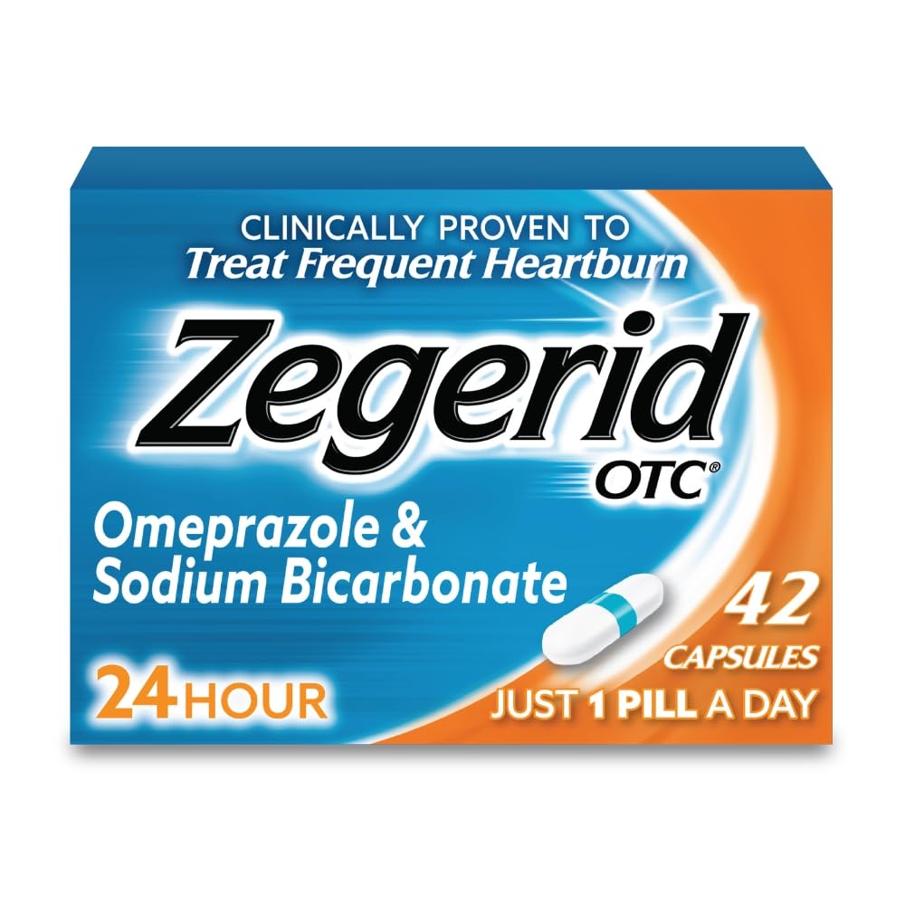 Zegerid OTC, 24-Hour Heartburn Relief, Acid Reflux Medicine and Antacid, Treats Frequent Heartburn, Omeprazole 20mg + Sodium Bicarbonate, Proton Pump Inhibitor (PPI), 42 Capsules