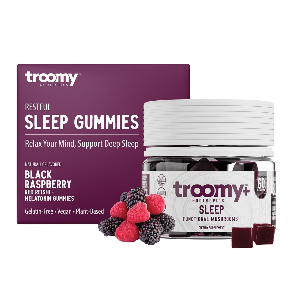 Troomy Sleep Reishi + Μελατονίνη Great Tasting Mushroom Gummies - Υποστηρίζει Αναπαύσιμος ύπνος & μείωση του στρες - Black Raspberry - 60 Count