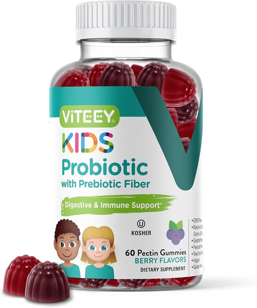 Viteey Probiotic Gummies for Kids Plus Prebiotics Fiber - 2 δισεκατομμύρια CFUs - Digestive Health,Gut Health, Constipation Relief for Kids Support - Vegan, Gelatin Free - Chewable Probiotic Berry Flavored