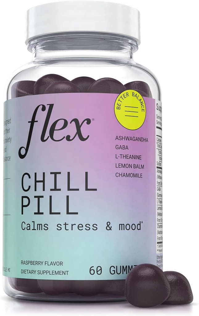 FLEX Chill Pill - Άγχος ανακούφιση - Ισορροπία - Βοηθά στην χαλάρωση - Ashwagandha - L-Θεανίνη - GABA - Χαμομήλι - Λίπος - Berry Flavor - Vegan-Friendly - Χωρίς γλουτένη - 60 Gummies (Chill Pill)