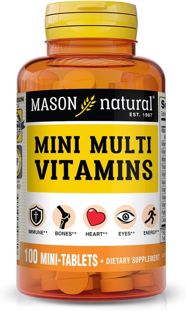 MASON NATURAL Mini Multi Vitamins, Vitamins A, C, D3, E, B1, B2, B3, B6, B12, Folate and Calcium for Overall Health, 100 Day Supply