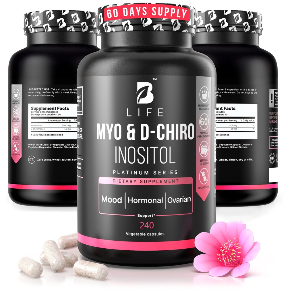B Life Company Myo-Inositol & D-Chiro Inositol 40:1 for Women | I Inositol Supplement for Women | Hormone Balance, Fertility & Cycle | Vitamin B8, Insulin & Flo Ovarian Support | 240 Caps