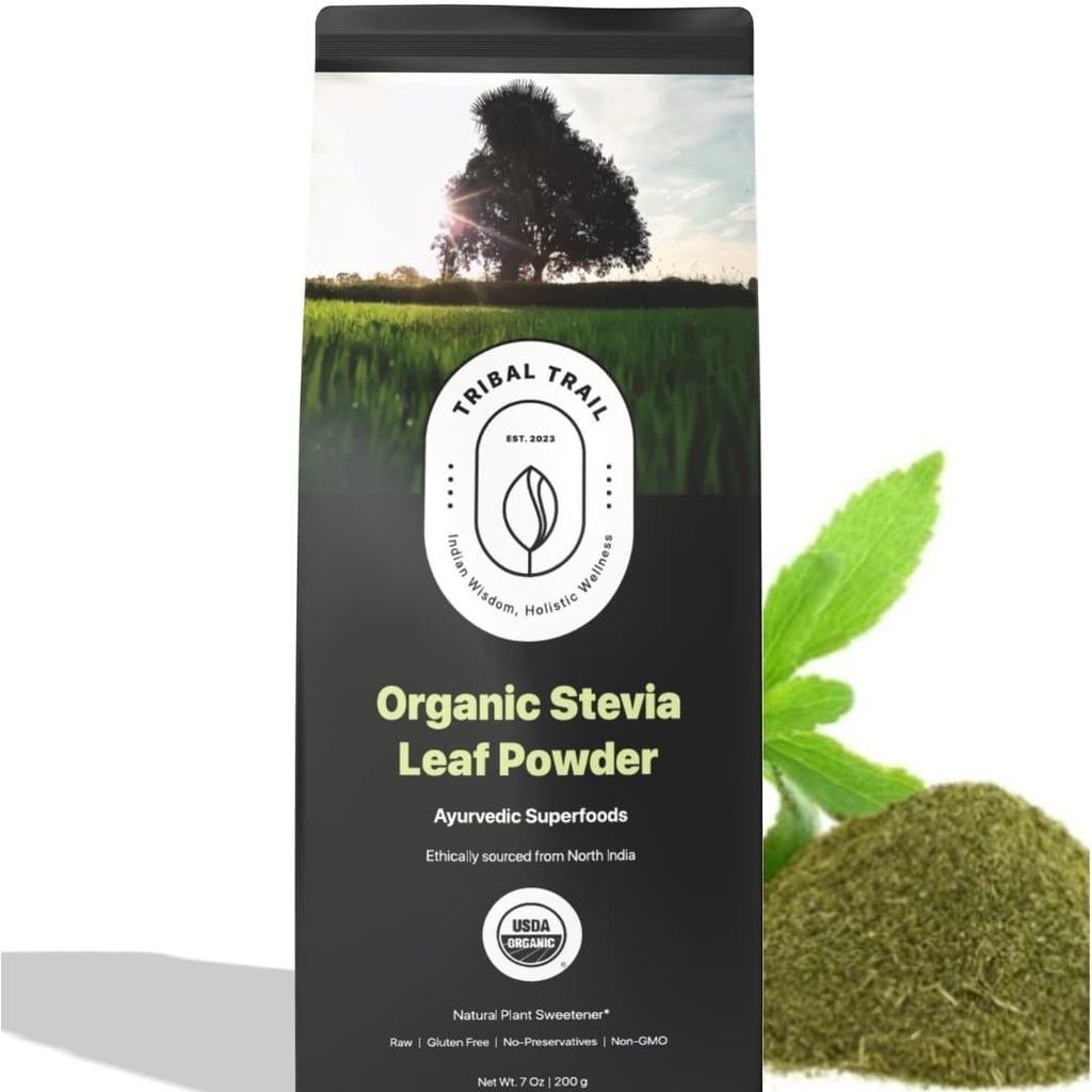 Organic Stevia Powder | 7.05 oz | USDA Organic & Non-GMO | Ethically Sourced from North India | Recyclable Kraft Bags | Natural Stevia | Plant Based Sugar Free Substitute
