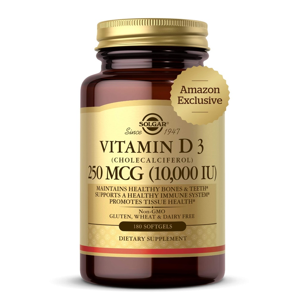 Solgar Βιταμίνη D3 Χοληκαλσιφερόλη 250 MCG 10000 IU Softgels βοηθά στη διατήρηση υγιή οστέινα δόντια ανοσοποιητικό σύστημα υποστήριξης μη γλουτένη Γλουτένη Γλουτένη, χωρίς γαλακτοκομικά, 180 μέτρα