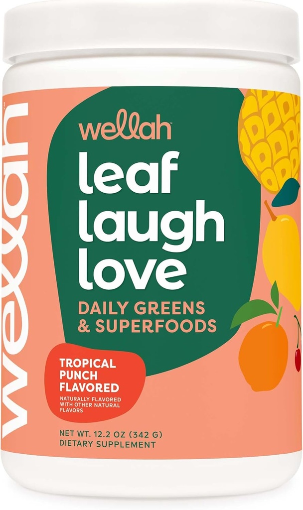 Wellah Leaf, Laugh, Love Super Greens Powder (Tropical Punch) 30 Σερβιέτες - Superfood συμπλήρωμα ποτό Mix