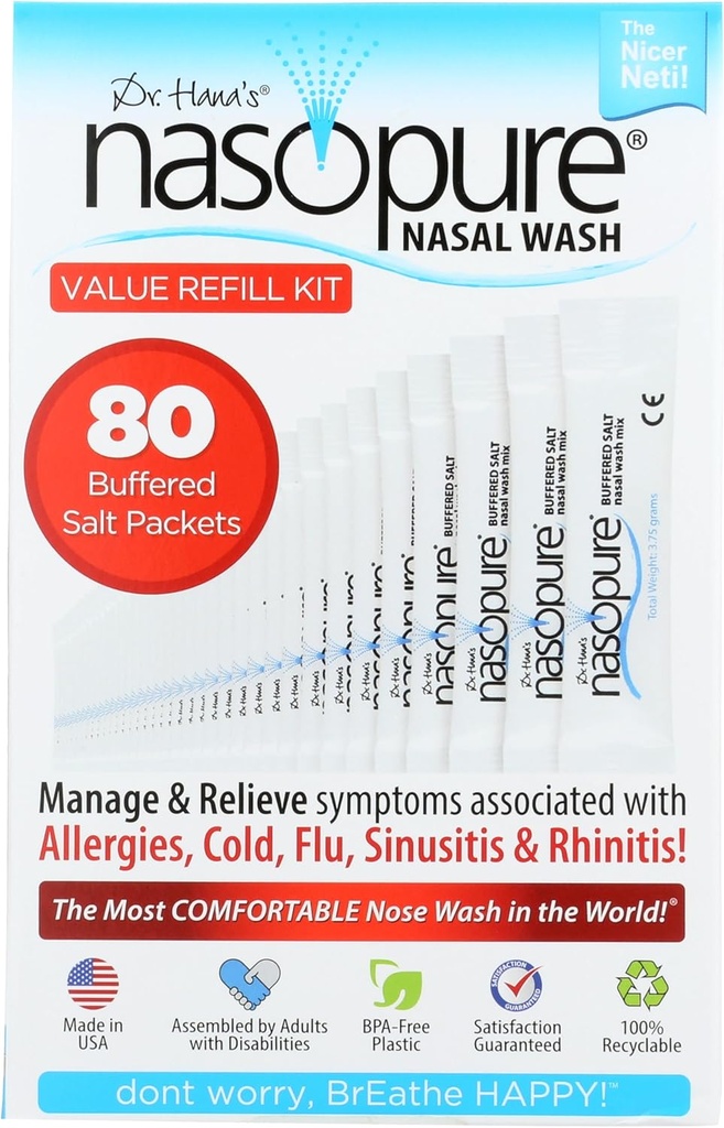 Nasopure Nasal Wash, Value Refill Kit, “The Nicer Neti Pot” Sinus Wash Kit, Άνετο Nasal Rinse 80 Salt Packets (3,75 Grams Κάθε), Ρινική Συμφόρηση, Ψυχρή, Γρίπη, Αλλεργία, Ρινική Άρδευση Σύστημα