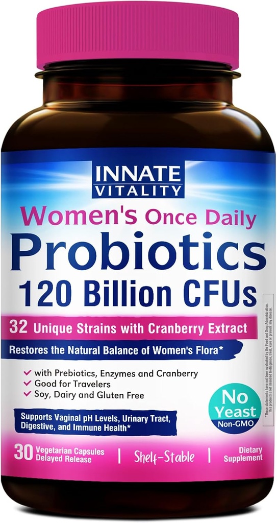 Innate Vitality Women's Probiotics, 120 Billion CFU, 32 Tested Strains, Probiotics for Women, Yeast Control, Vaginal pH Support, Prebiotics, Digestive Enzymes, Cranberry, Once Daily 30 Veggie Capsules