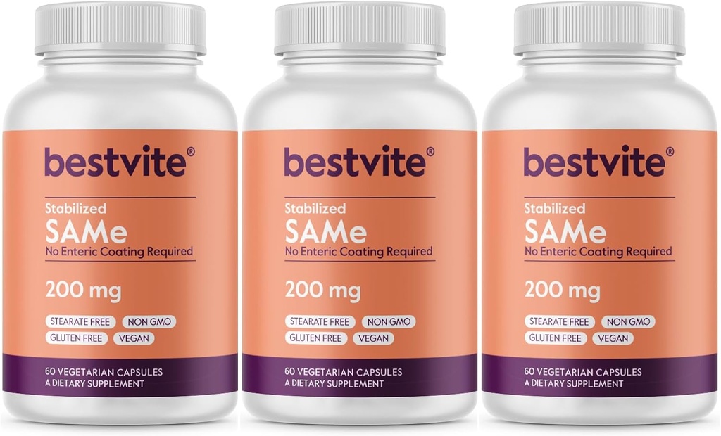 BESTVITE SAM-e 200mg Σταθεροποιημένο (180 κάψουλες χορτοφάγων) (3-πακέτο) - Premium συστατικό από την Ιταλία που περιέχει περισσότερο από 75% (SS) SAM-e, Το υψηλότερο ενεργό επίπεδο διαθέσιμο