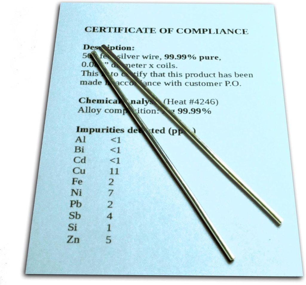 Colloidal Silver Generator Wire Guaranteed 99.99% Pure - Set of (2) 4" Electrode Rods 12-Gauge (0.08 in. / 2.06 mm) with Certificate of Compliance/Complete Chemical Analysis of Alloy Composition