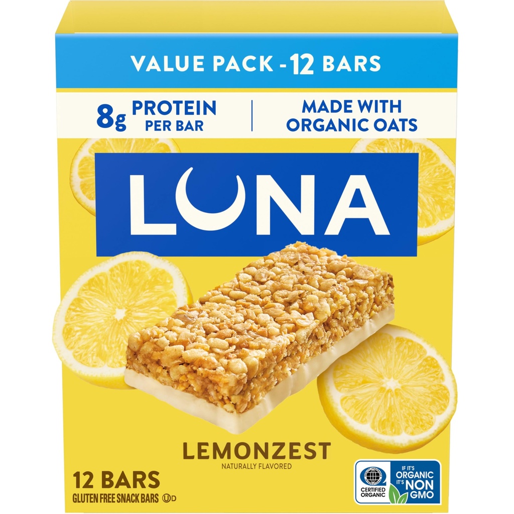 LUNA Bar - LemonZest Flavor - Χωρίς γλουτένη Snack Bars - Μη ΓΤΟ - Protein Bars - Κατασκευασμένες με οργανική βρώμη - Συσκευασία αξίας (12 Pack)