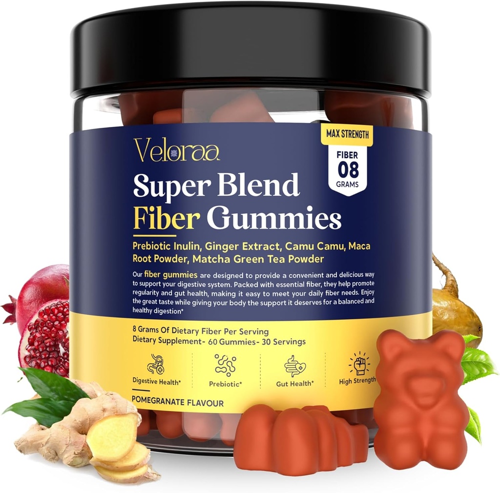 Super Blend Fiber Gummies για ενήλικες – 8g Prebiotic Fiber Gummies, υποστηρίζει Digestive Health, Bloating Relief & Wellness, εγχύθηκε με Ginger, Camu Camu & Matcha, Φράουλα Γεύση – 60 Count