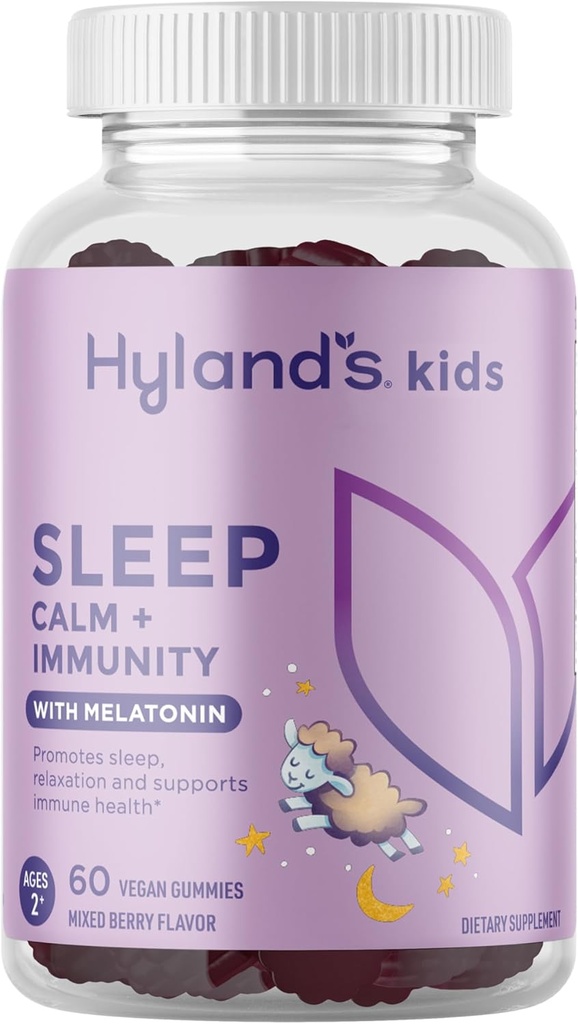 Παιδιά του Hyland Sleep Calm & Immunity Υποστήριξη με μελατονίνη, Gummies Sleep Aid με βιταμίνη C, ψευδάργυρο, elderberry & χαμομήλι, Βοηθά με την αϋπνία και την ανησυχία, 60 Vegan Gummies