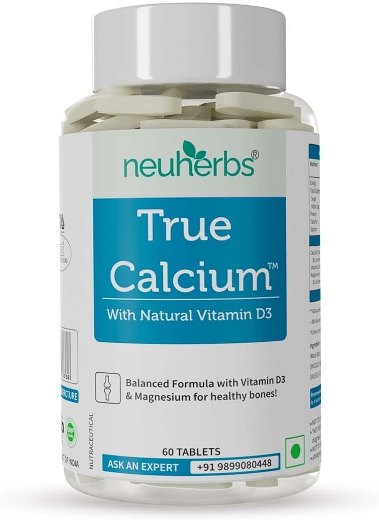 Tru Calcium 1000mg συμπλήρωμα για άνδρες & γυναίκες με βάση το φυτό βιταμίνη D3 & φυσικό μαγνήσιο για υγιή οστά - 60 Vegan δισκία