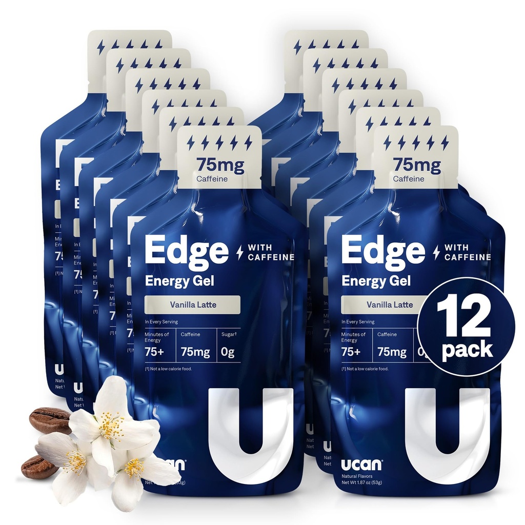UCAN Edge Energy Gel Shots, Vanilla Latte + καφεΐνη (12, 2 ουγγιά πακέτα) για τρέξιμο, εκπαίδευση, προπονήσεις, καταλληλότητα, Ποδηλασία, Crossfit 