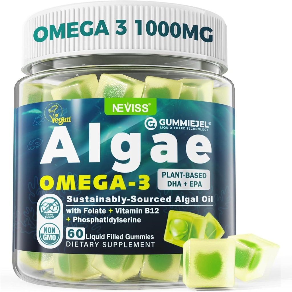 Algae Omega 3 Gummies 1000mg, Plant Based DHA 460mg & EPA 230mg, Omega 3 Fish Oil Εναλλακτική λύση για ενήλικες, Plus MethylFolate, Βιταμίνη B12, Phosphatidylserine, Χωρίς Fishy Γεύση, Vegan, Sugar Free, 60 Cts
