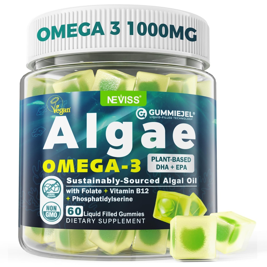 Vegan Omega-3 Gummies για ενήλικες, Fish Oil Εναλλακτική από Algae Oil, Plant Based DHA 460mg & EPA 230mg Plus MethylFolate, Βιταμίνη B12, Phosphatidylserine, Χωρίς Fishy Taste, Vegan, Sugar Free, 60 Cts