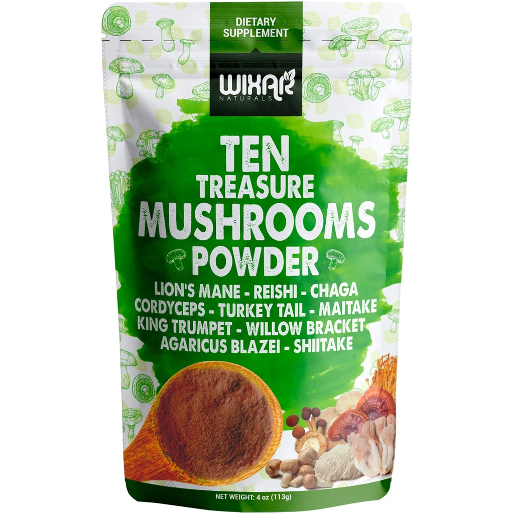 Wixar Mushroom Powder - 10 Treasure Mushrooms Extract συμπλήρωμα για καφέ & smoothies - Lions Mane, Turkey Tail, Reishi, Chaga, Shiitake, Cordyceps, Complex - 4oz Mushroom Συμπλήρωμα