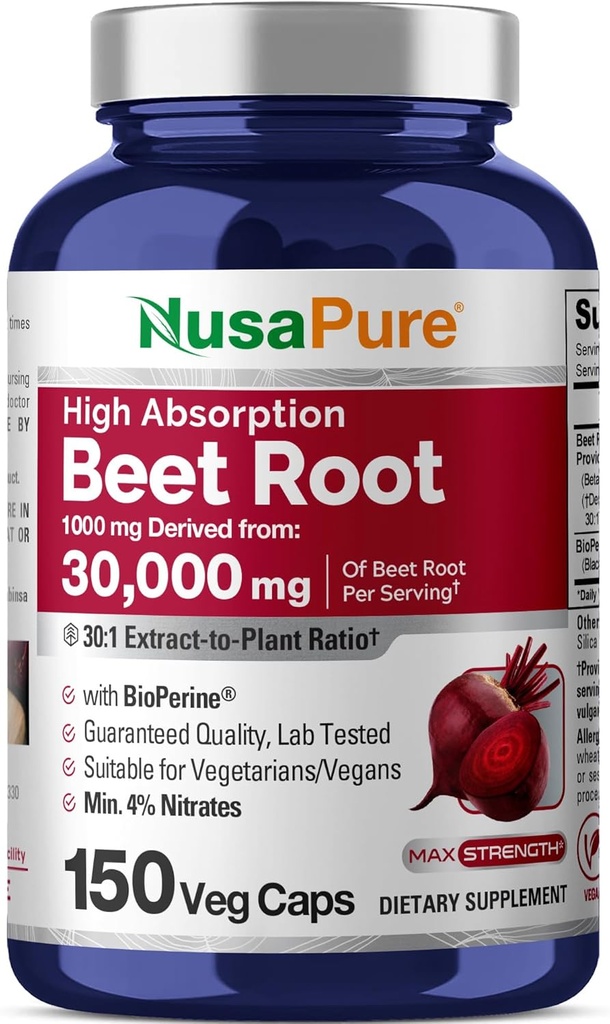 NusaPure Beet Root 30:1 Extract, 1000 mg Ισοδύναμο με 30.000 mg 150 Veggie caps (Vegan, Non-GMO & Vegan 4% Nitrates) Bioperine