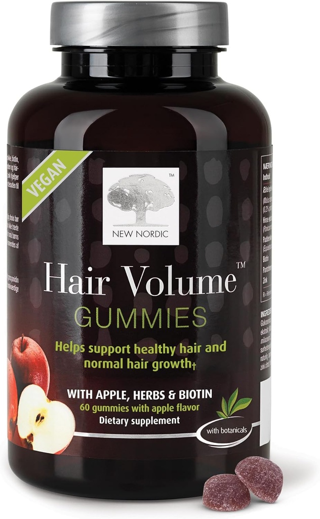 NEW NORDIC Hair Volume Gummies, 2500 mcg Biotin, Daily Hair Vitamins Supplement to Support Hair Skin & Nails, Vegan, 60 Count (Pack of 1)