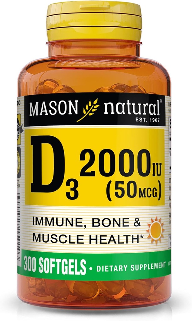 MASON ΦΥΣΙΚΗ Βιταμίνη D3 2.000 IU Ultra Strength, Υποστηρίζει την Πυκνότητα των οστών, τη δύναμη & την ανοσοποιητική υγεία, 300 Softgels