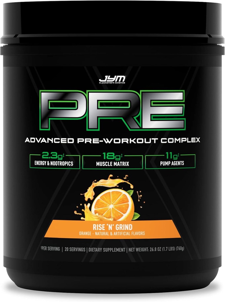 Pre JYM X Αύξηση N' Grind Advanced Pre-Workout Powder Massive Pumps, Citrulline Nitrate, Dynamine, NO3T Betaine, BCAA’s, Nootropics, Creatine, Beta-Alanine, JYM Supplement Science, 20 Services