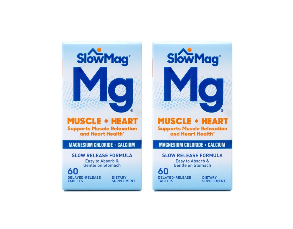SlowMag MG Μύες + Χλωριούχο μαγνήσιο καρδιάς με δισκία ασβεστίου 60 Count (Pack of 2)