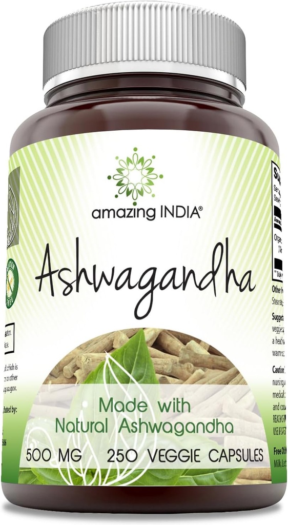 Amazing India Natural Ashwagandha | 500 Mg Per Serving | Veggie Capsules | Non-GMO | Gluten Free | Made in USA (250)